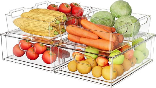 Refrigerator Organizer Bins with Pull-out Drawer 6 Pack Stackable Clear Fridge Drawer Organizer Fruit Vegetable Storage Containers for Kitchen Pantry Organization (2 Large+4 Medium)