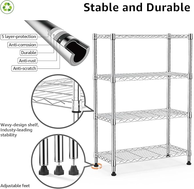M MZG 1000 lbs Storage Shelving Steel Heavy Duty 4-Tier Utility Shelving Unit Steel Organizer Wire Rack for Home,Kitchen,Office,Chrome (13.7" D x 29.5" W x 47.2" H)