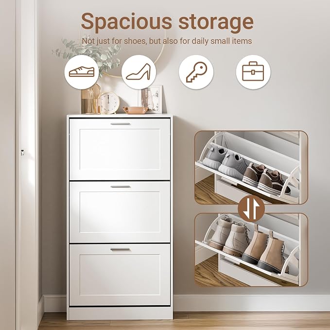 Haotian Shoe Cabinet Storage for Entryway | Narrow Shoe Cabinet with Three Flip Drawers to Save Space, Shoe Rack Cabinet for Entrance Hallway (White)