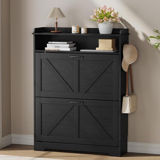 Farmhouse Shoe Cabinet Organizer with 2 Flip Drawers, 31.5" W Black | Freestanding shoe cabinet with flip drawers ,space-saving storage for foyer hallway,Adjustable Shelves & 2 Hooks