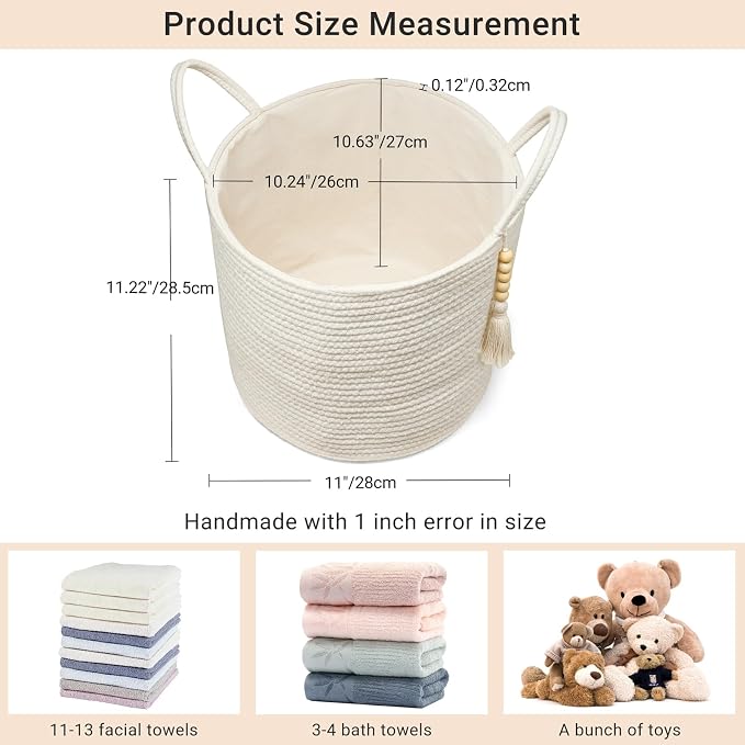 Mkono Woven Storage Basket with Handles Decorative Cotton Rope Basket Wooden Bead Decoration for Blankets,Toys,Clothes,Living Room Home Decor, 11", White | White, Cotton, Decorative Basket with Handle, Wood Beads Tassel, Shoes Towel Clothes Storage Bin...