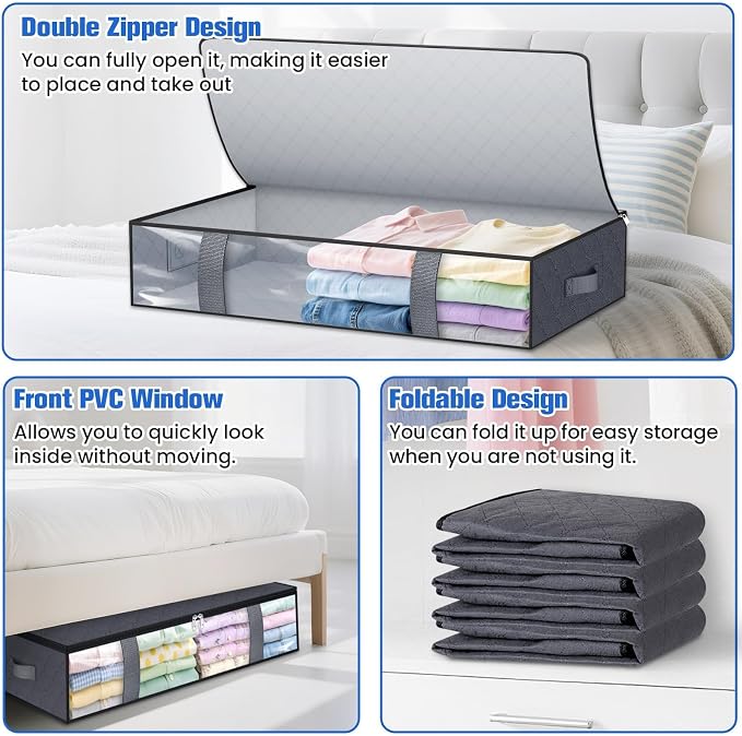 TasticTotes Under Bed Storage Containers, 8 Pack Blanket Storage Bags, Collapsible Storage Bags with Big Zippers, Clear Front, Shoe Storage and Organization for Clothes, Comforter, 75L, Grey