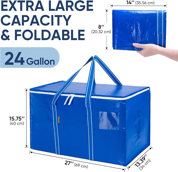 BALEINE 6-Pack Oversized Moving Bags with Reinforced Handles, Heavy-Duty Storage Tote for Clothes, Moving Supplies (Royal Blue, 6-Pack)