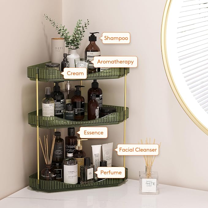 Lifewit 3 Tier Corner Bathroom Counter Organizers and Storage, Green | Plastic Makeup Skincare Organizers Countertop, Large Sink Cosmetic Perfume Shelf for Bedroom, Dresser, Kitchen, Vanity