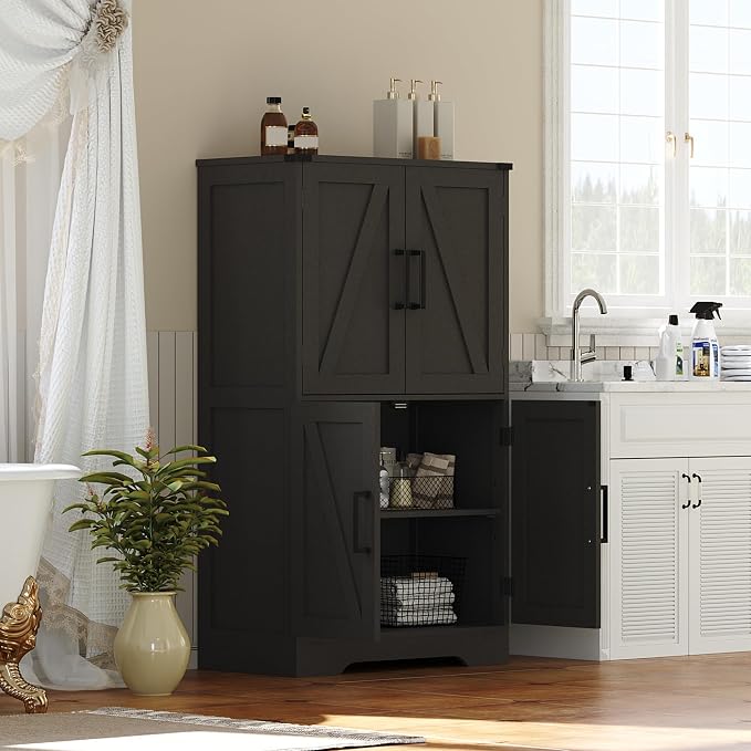 Treocho Farmhouse Bathroom Floor Cabinet with Adjustable Shelves | 13.78"D x 23.62"W x 43.46"H, Freestanding Kitchen Pantry Cabinet, Cupboard for Living Room, Dining Room, Black