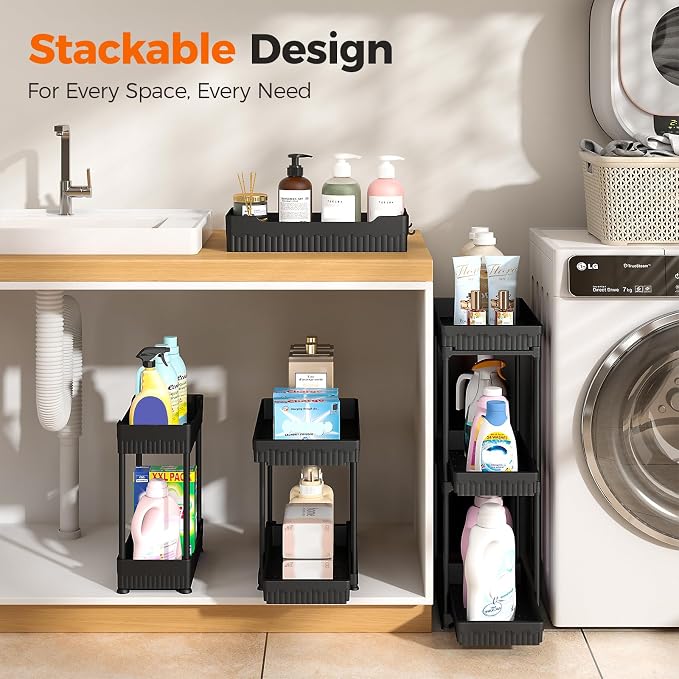 Sevenblue 3-Pack 2-Tier Under Sink Organizers with Sliding Drawers | Multi-use kitchen & bathroom storage, 14.8 inch 2-Tier Sliding cabinet organizer, space-saving sliding drawer design.