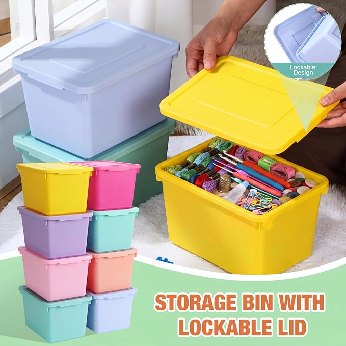 Potchen 8 Pack Small Stackable Storage Bins with Lids Plastic Storage Boxes for Classroom 9.8" ×7.3" ×5.7" Decorative Organizer Bins for Craft Art Office Teacher Supplies (Mixed Color)