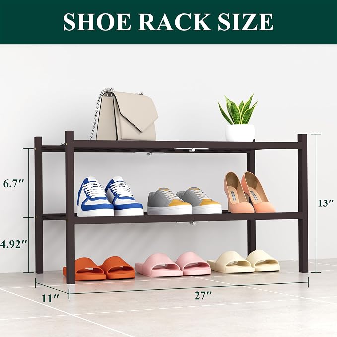 Smiry Bamboo Shoe Rack, 14 Vertical Slats, 2 Tier - 26.8" Wide, Brown | Stackable Free Standing Wooden Shoe Organizer, Wood Shoe Storage Shelf for Closet, Entryway, Thicher Leg