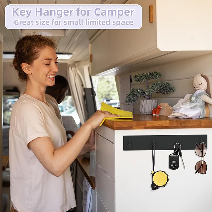 VIS'V Key Holder Wall Mount, Large Adhesive Key Hanger with 4 Hooks, Black | Metal Material, No Drilling, Extra Adhesive Strip, Suitable for Entryway, Hallway, Doorway, Kitchen, Garage, Camper