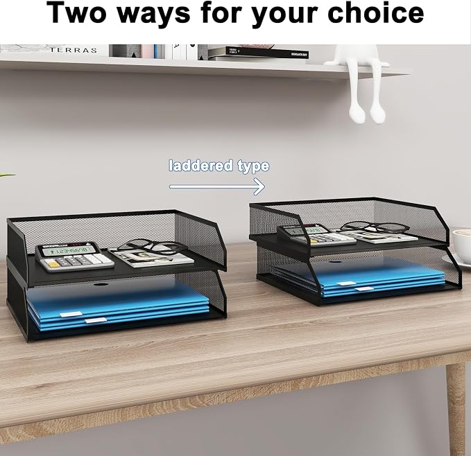 Natwind 2-Tier Stackable Metal Mesh Paper Organizer with Sliding Tray,Black | Desk Organizer for Office Supplies, Letter Tray For Desktop,File Holder For Home School Classroom Organization