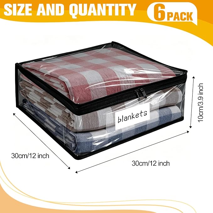 Kikerike Plastic Storage Bags with Easy-Glide Zipper, Pack of 6, Durable Clear Vinyl Zippered Storage Bags for Clothes Sweaters Comforters Blankets Sheets Bedding (12 x 12 x 3.9 Inch, Black)