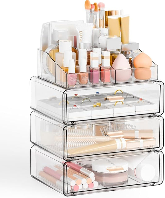 Yieach Clear Acrylic Makeup Organizers Countertop for Dresser,Desk,Bathroom Vanity,4 Tier Stackable Make up Holders and Makeup Cabinet,Tiered Cosmetic Storage and Make up Containers for Palette,Brush