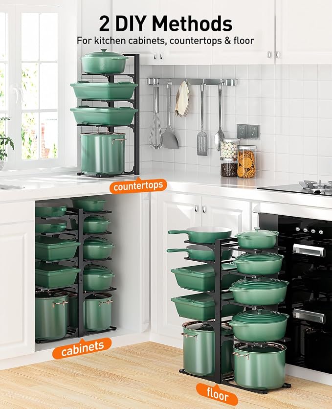 Pots and Pans Organizer Under Cabinet 23.6" 10-Tier Adjustable Black | 2 DIY Modes, Tool-Free Assembly, Max 150 Lbs, Fits Large Stockpots, Cast Iron Pans & Heavy Cookware, For Kitchen Cabinets