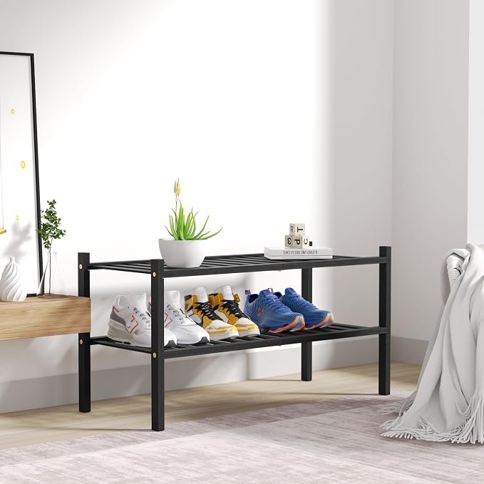 ROMGUAR CRAFT 2 Tier Bamboo Shoe Rack for Closet Free Standing Wood Shoe Shelf for Entryway Small Space Stackable 27"x11"x13" (Black)