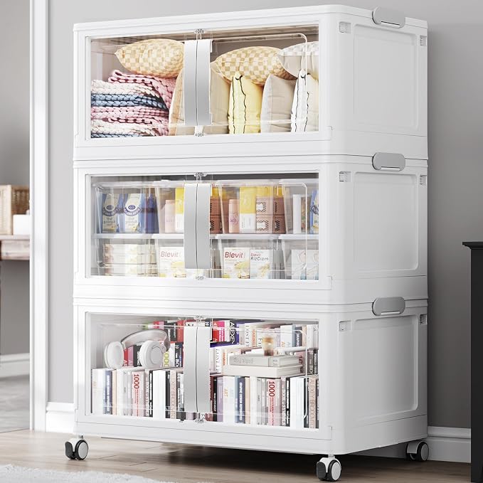 BROVIEW 480Qt Extra Large Stackable Storage Bins with Lids, 120Gal Collapsible Storage Bin with Wheels Clear Door, Folding Plastic Closet Organizers and Storage Drawers for Home Kitchen, 3 Pack White