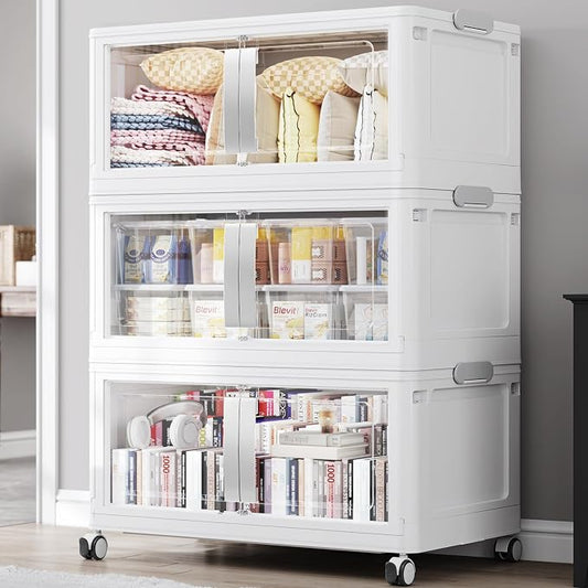 BROVIEW 480Qt Extra Large Stackable Storage Bins with Lids, 120Gal Collapsible Storage Bin with Wheels Clear Door, Folding Plastic Closet Organizers and Storage Drawers for Home Kitchen, 3 Pack White