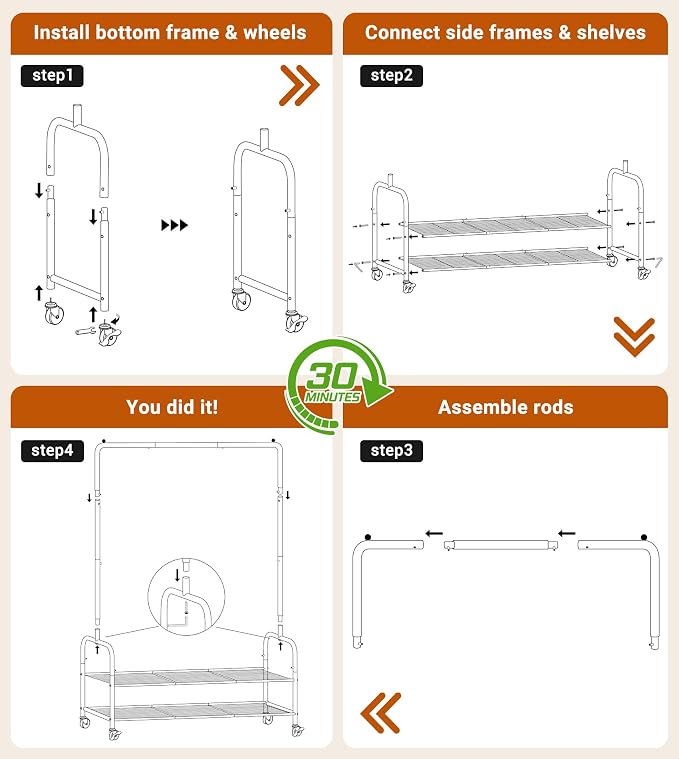 AOODA Heavy Duty Clothes Rack with Shelves, 46.5'' Metal Rolling Clothing Racks for Hanging Clothes, Wardrobe Garment Rack with Lockable Wheels for Coats, Shirts, Shoe Boxes (Black)