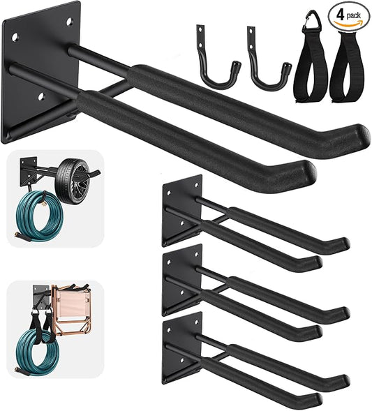 14" Garage Hooks Heavy Duty 4-Pack - Garage Storage System Hooks, Ladder Hooks for Garage Wall & Broom Holder Wall Mount | Non-Slip Tire Rack & Heavy Duty Wall Hooks for Hanging Ladders, Chairs.