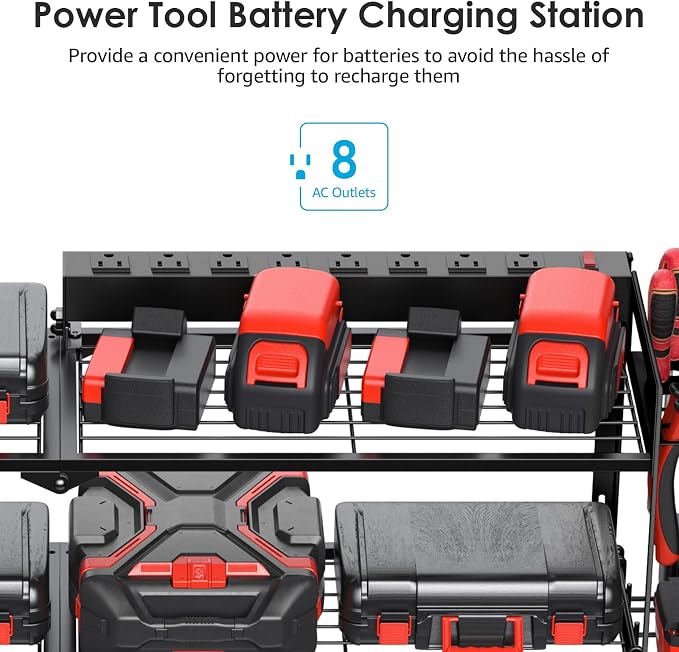 CCCEI Large Garage Tools Storage with Charging Station. Power Tool Battery Organizer Utility Shelf with Power Strip. 4 Drills Holder Wall Mount Rack, Black 3 Layer.