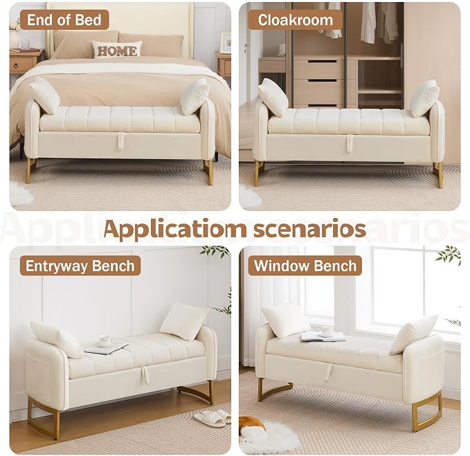 End of Bed Storage Bench, 51'' Velvet Storage Benches for Queen Size Bedroom Foot of Bed, Storage Ottoman Bench with Golden Legs and Pillow for Living Room Window Entryway, Cream