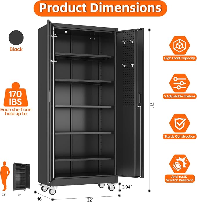 Aobabo Metal Storage Cabinet with Wheels and Door Pegboard | Garage and business storage for tools and office supplies; 5 adjustable shelves, lockable black cabinet, 16"D x 32"W x 71"H
