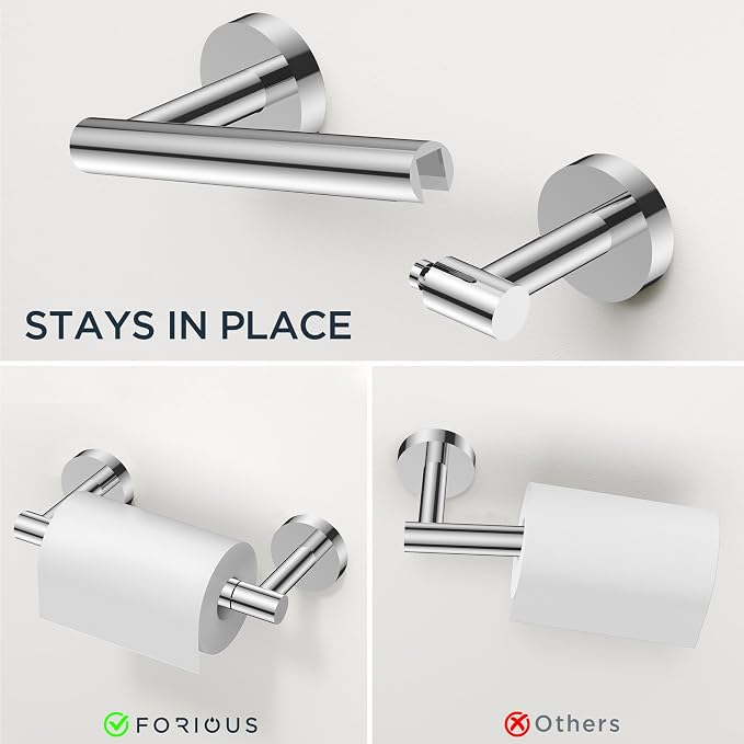 FORIOUS Bathroom Accessories, 4-Piece Bathroom Hardware Set - 24" Towel Bar | Chrome | Towel Hooks, Towel Racks for Bathroom, Toilet Paper Holder Wall Mounted & Towel Ring | SUS304 Stainless Steel