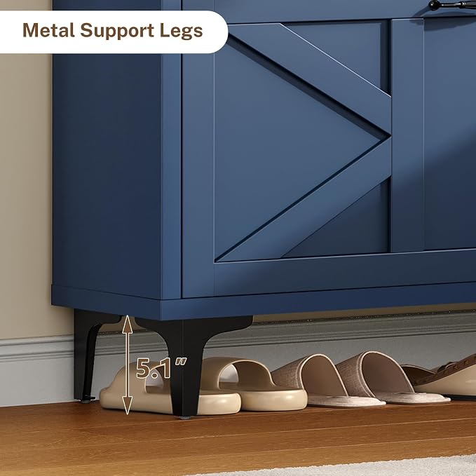 Shoe Cabinet with 2 Flip Drawers & Top Drawer, Farmhouse Narrow Shoe Storage Cabinet with Adjustable Shelves & Hooks, Freestanding Hidden Slim Shoe Rack Cabinet for Entryway, Hallway, Blue