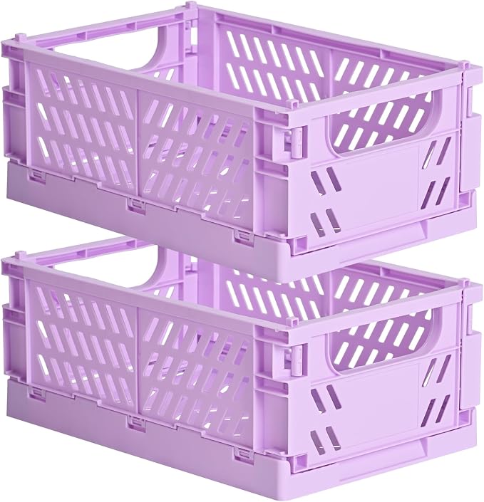 HUUSMOT 2-Pack Collapsible Plastic Storage Baskets, Purple, 9.8"x6.5"x3.8" | Pastel, Space-Saving, Collapsible Plastic Bins, Cute Mini Storage Crates, for Classroom, Kitchen, Office, Bedroom