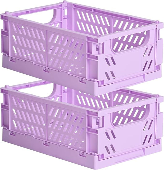 HUUSMOT 2-Pack Collapsible Plastic Storage Baskets, Purple, 9.8"x6.5"x3.8" | Pastel, Space-Saving, Collapsible Plastic Bins, Cute Mini Storage Crates, for Classroom, Kitchen, Office, Bedroom
