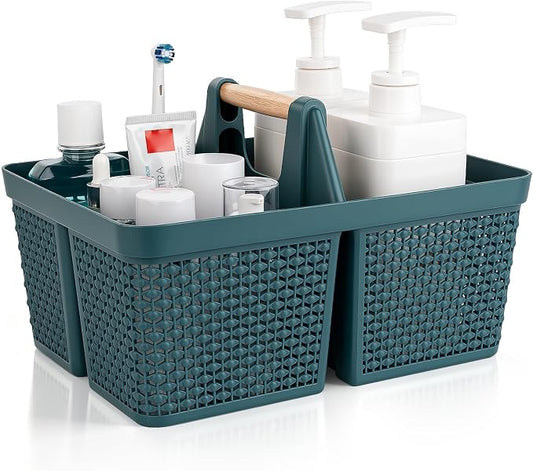 Portable Plastic Shower Caddy Basket with Wooden Handle, Bluish Green | Divided Storage Organizer Tote for Bathroom, Dorm, College, Kitchen & RV – Lightweight, Easy-Carry Essentials Caddy