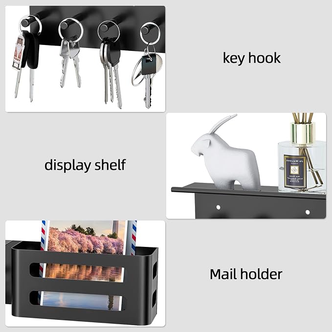 MKO Key Holder Wall Mount, Adhesive Key Hanger with 4 Hooks for Wall, Black | Metal Material, Key Rack with Shelf, Wall Mount, Mail Organizer Tray, Suitable for Entryway, Hallway, Living Room