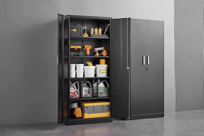 Approgreent Metal Storage Cabinet with Adjustable Shelves, Garage Cabinet with 2 Lockable Doors, Garage Storage Cabinet, Kitchen Pantry Cabinet - 71'H, Black
