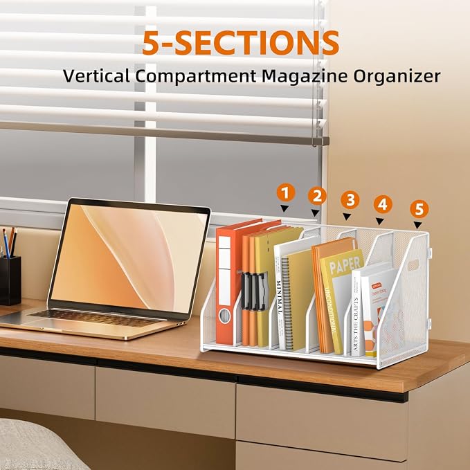 SUPEASY Binder Organizer, Magazine File Holder with 5 Vertical Rack, White | Metal Desk File Organizer & Binder Holders, Magazine Organizers for Office Desktop, Home, School, Classroom