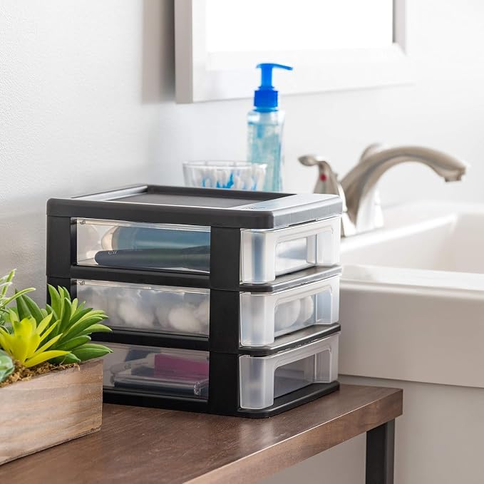IRIS USA 4-Pack, 3-Drawer Small Plastic Stacking Desktop Organizer, Black | Organize office supplies, stationery, makeup, craft materials and everyday essentials for neat desktop storage
