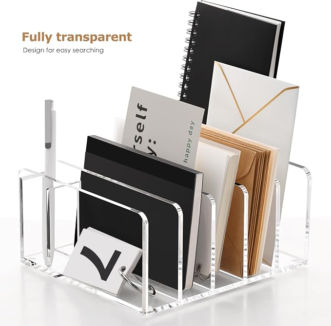 Acrylic Mail Sorter Desk Organizer with Pen Holder, 5 Compartments Clear | Small File Script Letter Document Storage for Desktop Bill Filling Envelope Holder Office, Home, School Organization
