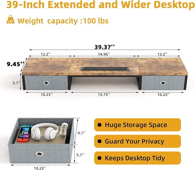 39 Inch Dual Monitor Stand Riser with 2 Drawers - Large Brown Wooden Computer Stand for 2 Monitors, Ergonomic Desk Organizer with Phone Holder, Desktop Storage for Laptop, Office Supplies, Home Office