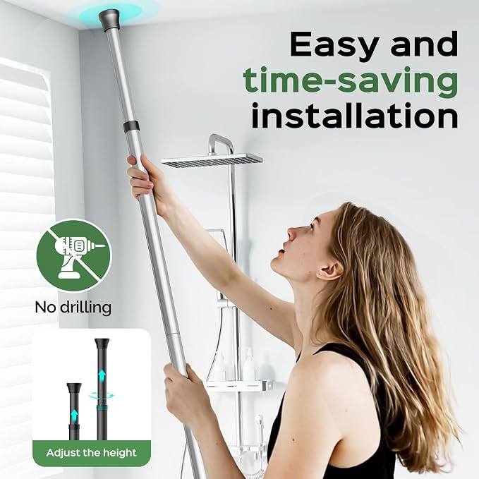 HAMITOR Shower Caddy Tension Pole: Rustproof Quick Install Corner Bathroom Organizer Shelf on Floor for Renters - 4-Tier Large Capacity Storage Rack with Soap Holder for Apartment -47-121 Inch/Silver