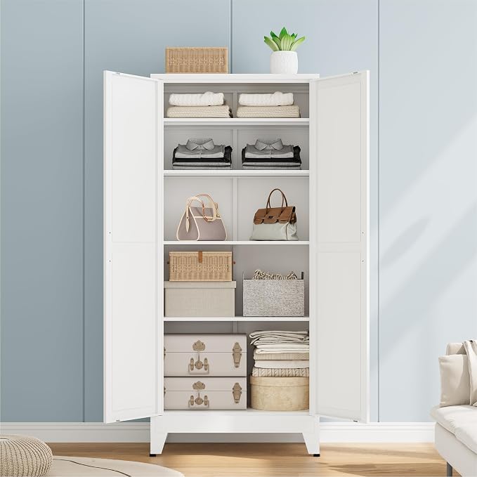 Bevivog Metal Kitchen Pantry Cupboard Cabinet, 71" White Storage Cabinets with 2 Doors and 4 Adjustable Shelves for Kitchen/Home Office/Dining Room/Living Room