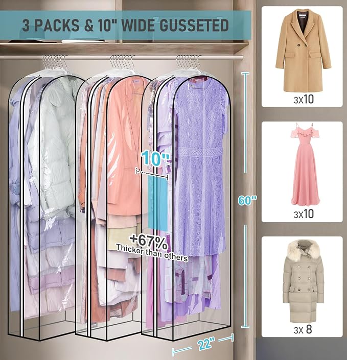 MISSLO 10" Gusseted All Clear Garment Bags for Hanging Clothes 60" Dress Bags for Gowns Long Fur Coat Closet Storage Covers, 3 Packs