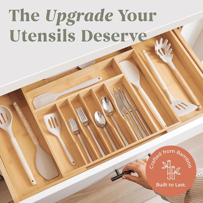 KitchenEdge Silverware & Utensil Drawer Organizer, 18-33 in, Bamboo | Cutlery, flatware, food-safe contract grade, kitchen drawer fit
