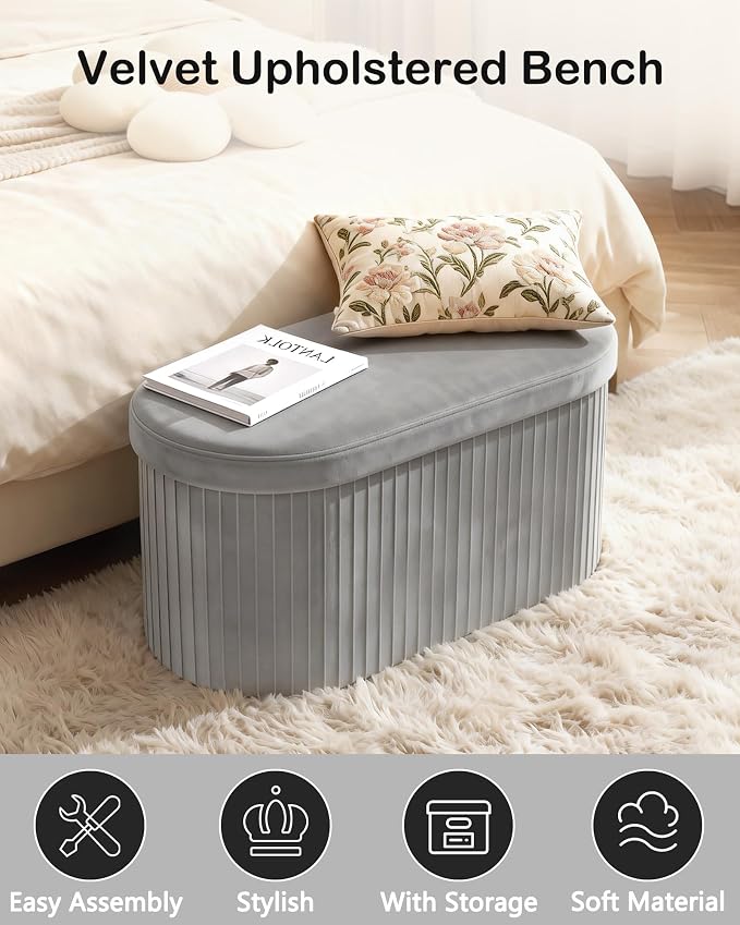 GLAXYFUR Folding Ottoman with Storage, Oval Velvet Storage Bench, Grey | Upholstered Foot Rest, 30 x 15 x 15 Inches Storage Chest for Bedroom, Living Room & Entryway