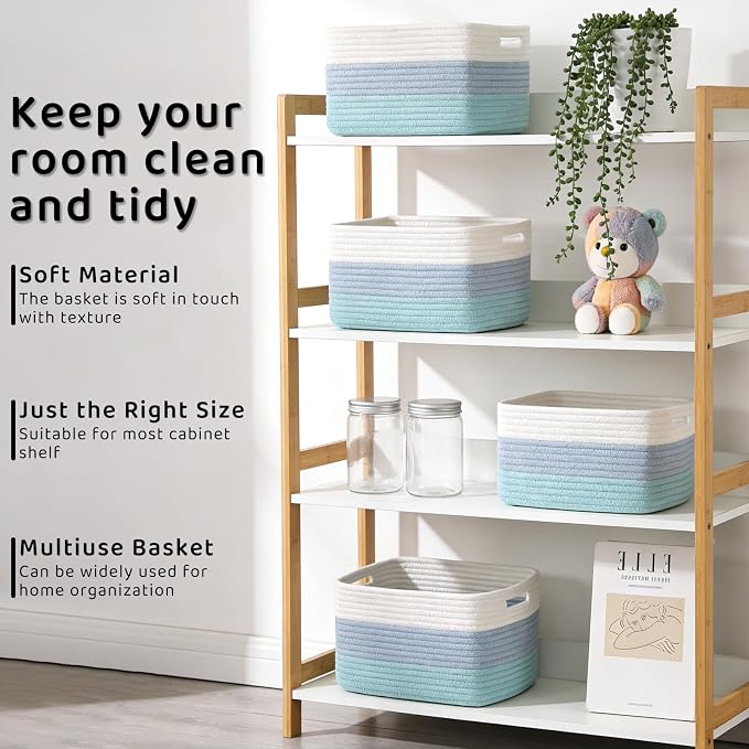 4 Pack Storage Baskets for Organizing, 11''Lx9''Wx8''H Woven Baskets for Storage Toys, Towels, Books, and Clothes, Cotton Rope Basket for Shelves with Handle