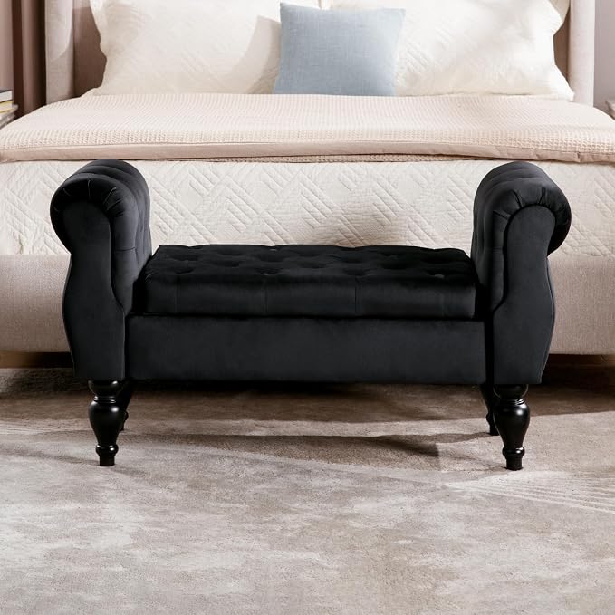 Storage Bench with Arms End of Bed Bench,Velvet Entryway Bench with Storage, Button Tufted Upholstered Ottoman Bench Wood Legs, Window Sitting Bench for Bedroom/Living Room/Hallway, Black