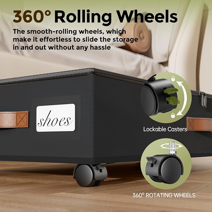 LAMU Under Bed Storage with Wheels, 2 Pack Under Bed Storage Containers with Clear Lids & Label, Rolling Under Bed Drawers for Clothes, Shoes, Blankets, Black
