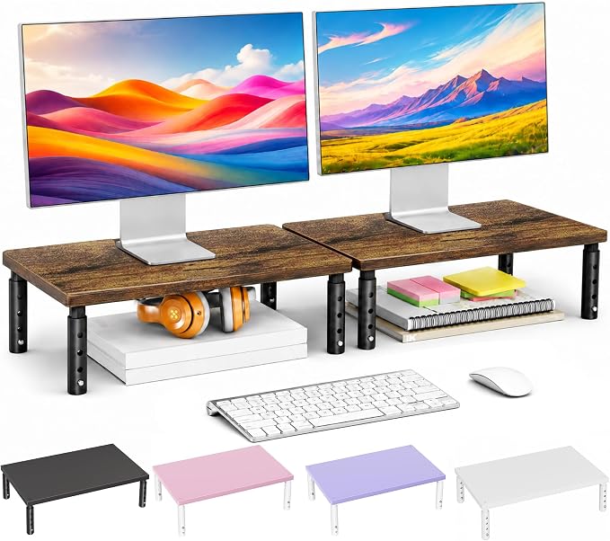 Adjustable Monitor Stand Riser for Desk, Computer & Laptop Stand, Desk Organizers and Accessories, Office Desk Accessories & Workspace Organizer for Home Office, Brown Wood 2-Pack