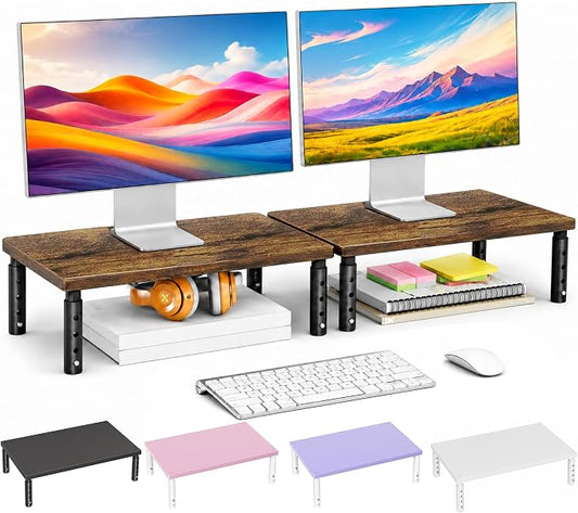 Adjustable Monitor Stand Riser for Desk, Computer & Laptop Stand, Desk Organizers and Accessories, Office Desk Accessories & Workspace Organizer for Home Office, Brown Wood 2-Pack