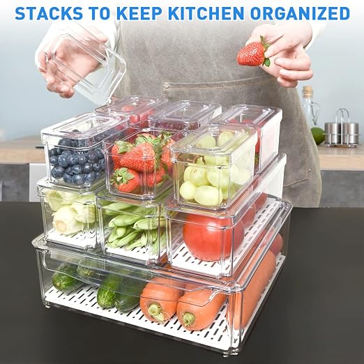 POMEAT 10 Pack Fridge Organizer, Stackable Refrigerator Organizer Bins with Lids, Produce Fruit Storage Containers for Storage Clear for Food, Drinks, Vegetable Storage