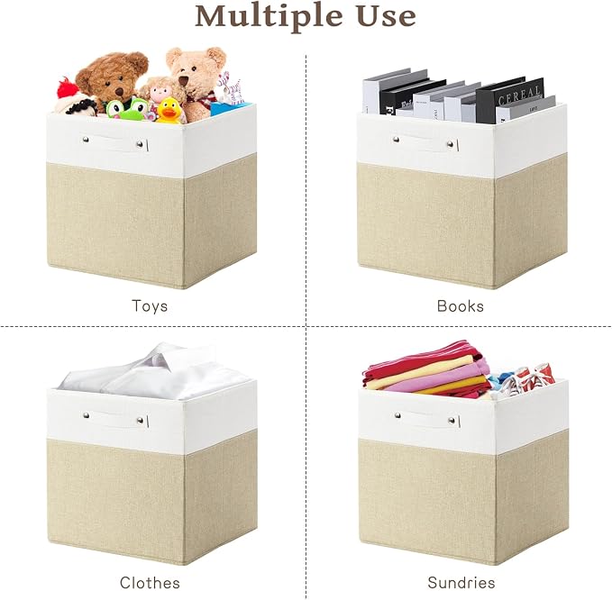 FinishingBo 13x13x13 Storage Cube Bins 6 Pack, Cube Shelf Baskets | Foldable Storage Cubes, Linen Storage Bins with Handles, Closet Organizers, White/Khaki