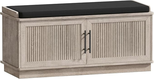 Akxomel 39.4" Fluted Shoe Storage Bench 2 Doors Wooden Entryway Bench Greige