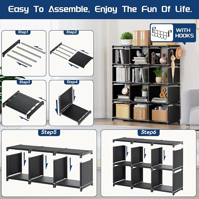 Mavivegue Book Shelf, 12 Cube Storage Organizer, DIY Bookcase, Metal Cube Bookshelf, Cubbies Closet Storage Organizer Shelves for Bedroom,Living Room,Home,Office